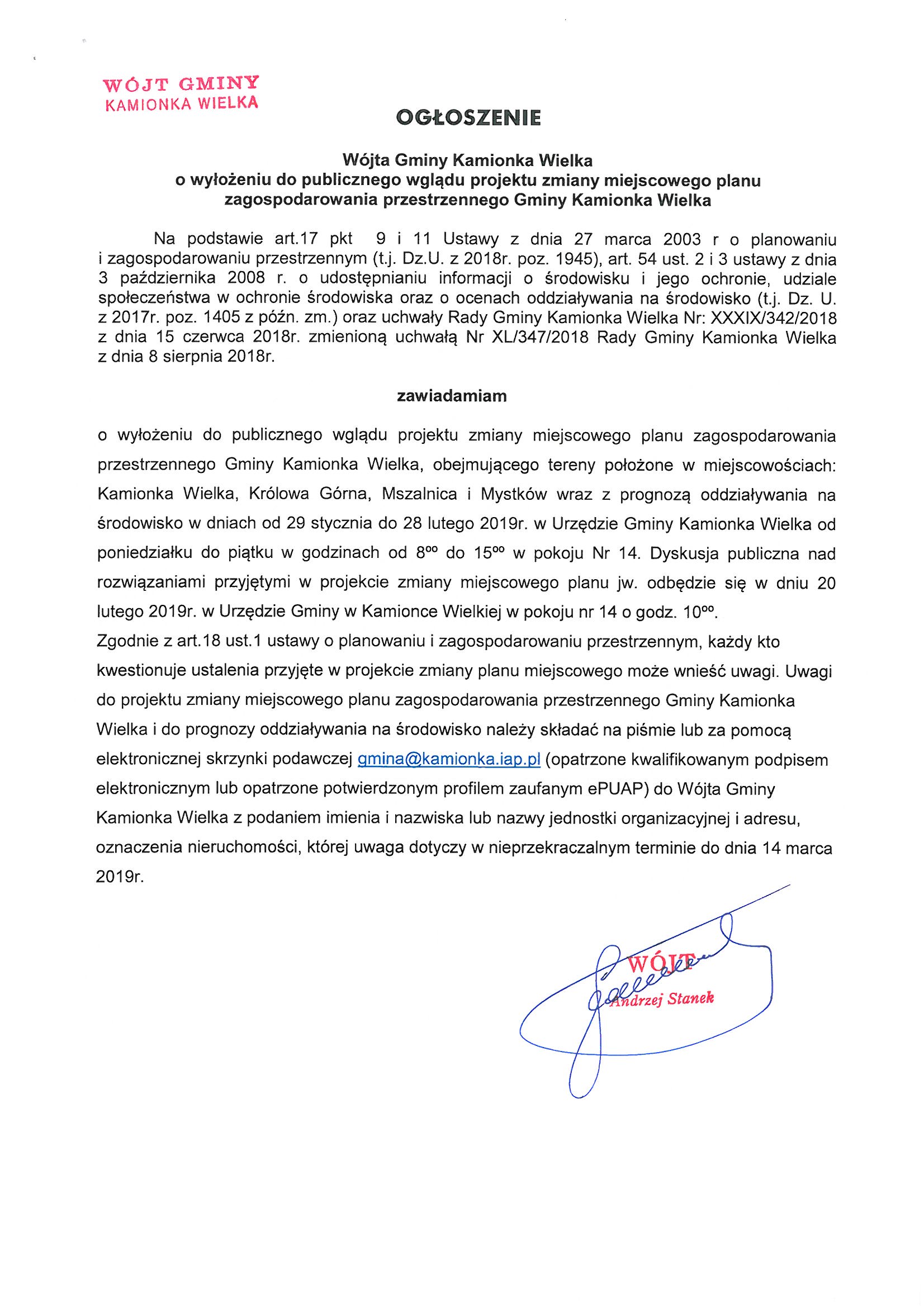 Ogłoszenie Wójta Gminy Kamionka WIelka