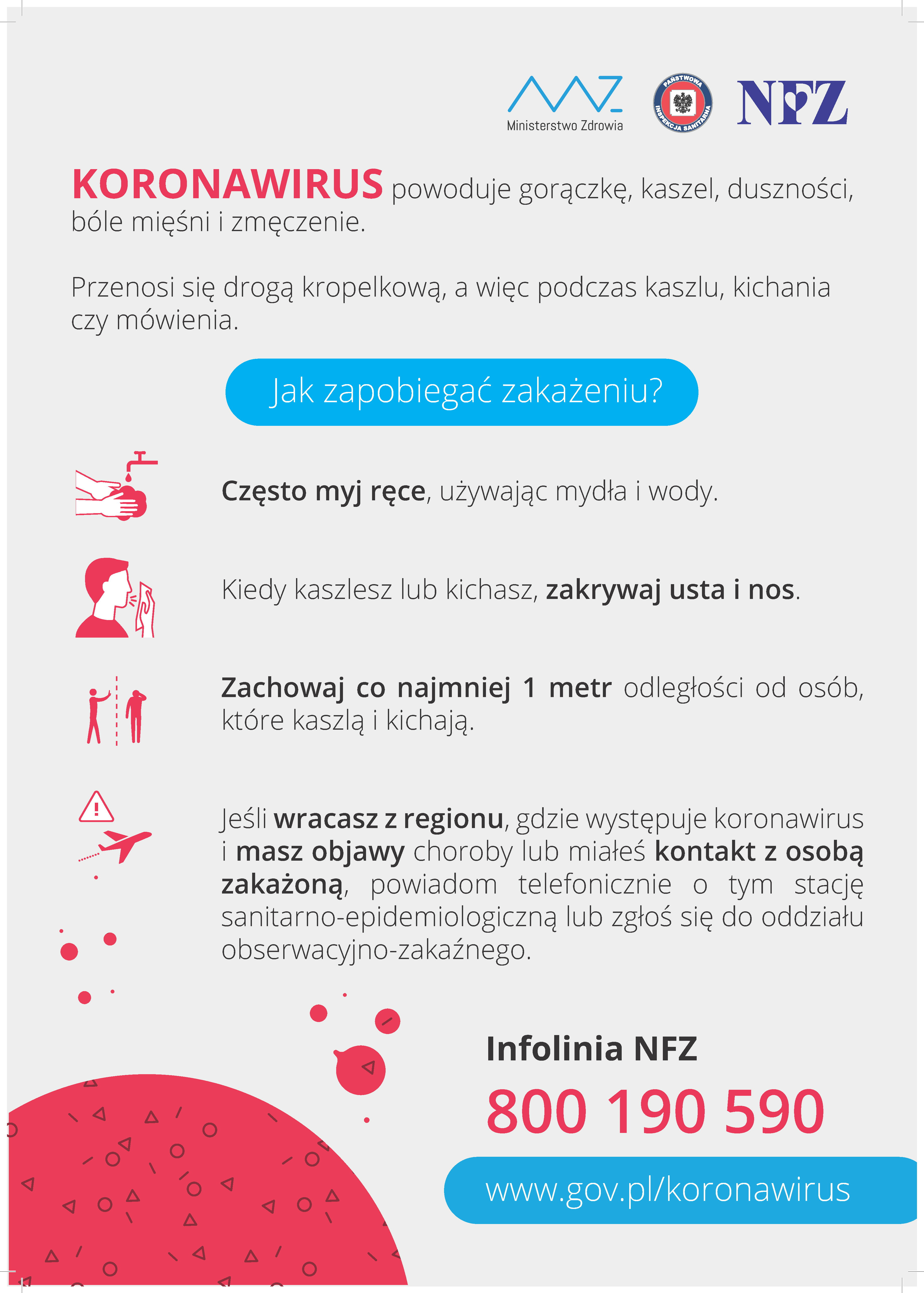 Plakat ogólny z informacjami dot. Koronawirusa. Często myj ręce używając mydła i wody, Kiedy kaszlesz lub kichasz zakrywaj  usta i nos, zachowaj co najmniej 1 m odstępu od osób które kaszlą lub kichają, jeżeli masz objawy zakażenia powiadom telefonicznie najbliższą stację sanitarno-epidemiologiczną