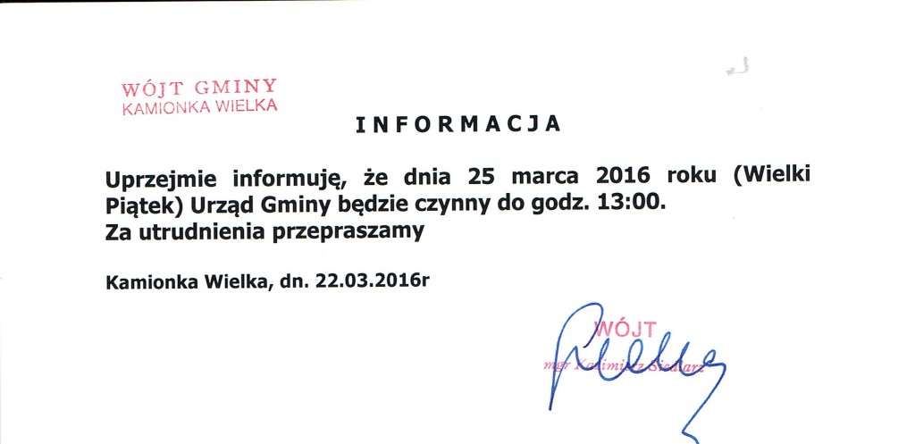 Informacja dotycząca godzin pracy urzędu w dniu 25.03.2016r.