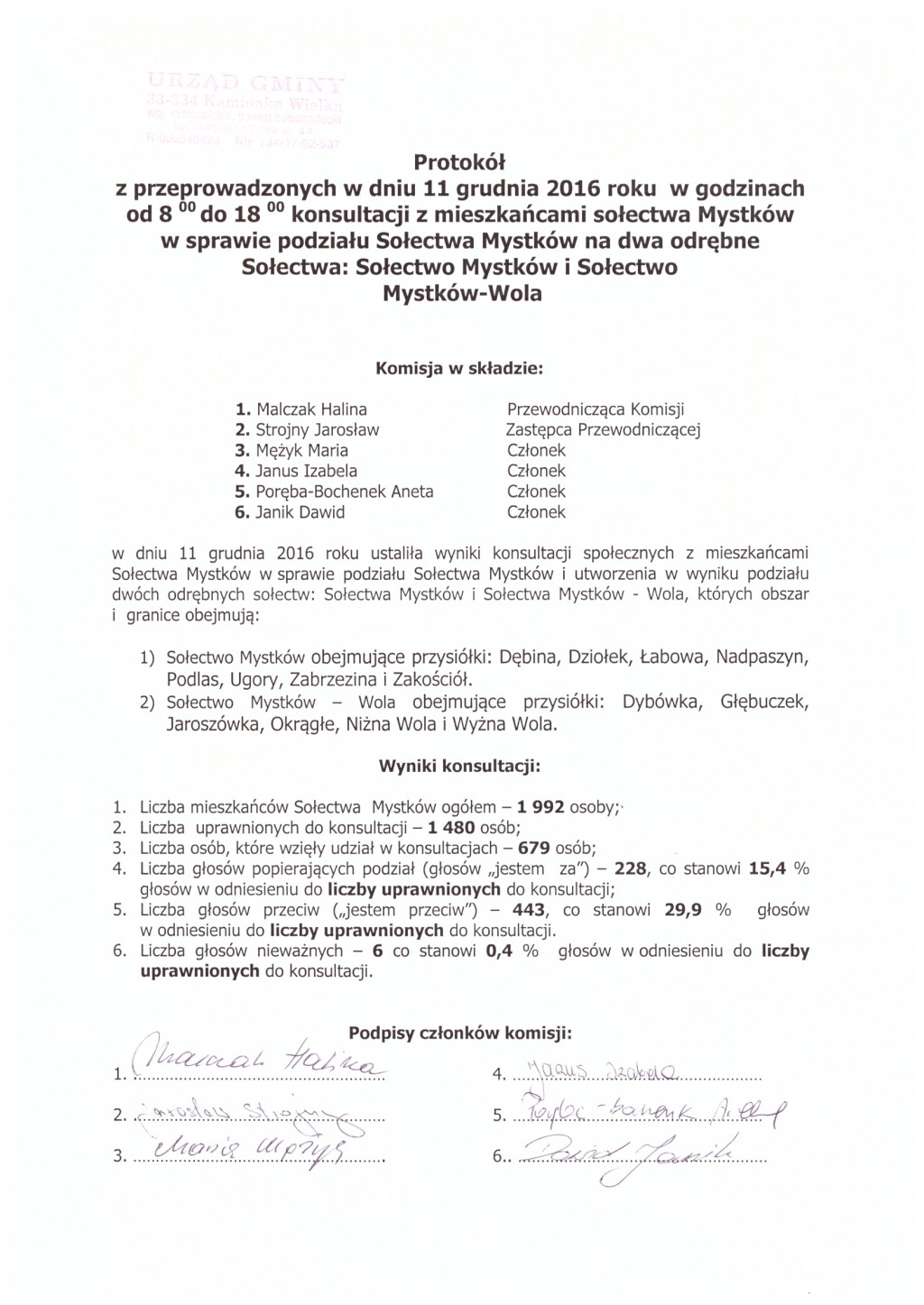 Protokół z przeprowadzonych w dniu 11 grudnia 2016 roku w godzinach od 8:00 do 18:00 konsultacji z mieszkańcami sołectwa Mystków w sprawie podziału Sołectwa Mystków na dwa odrębne Sołectwa: Sołectwo Mystków i Sołectwo Mystków - Wola