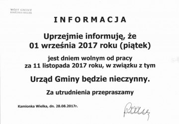 Informacja odnośnie godzin otwarcia Urzędu Gminy