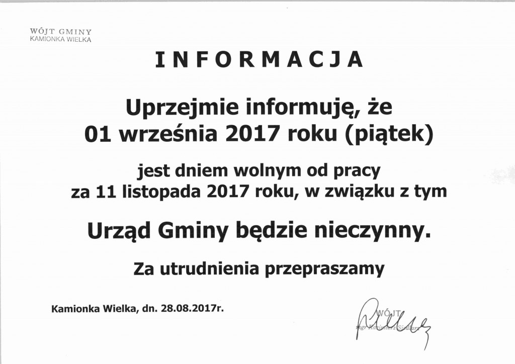 Informacja odnośnie godzin otwarcia Urzędu Gminy