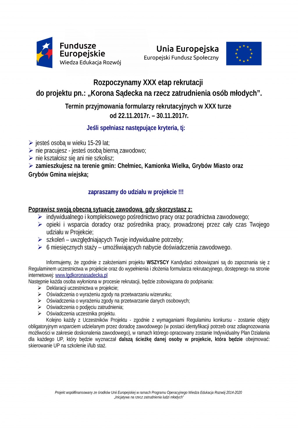 Rozpoczynamy XXX etap rekrutacji do projektu pn.: „Korona Sądecka na rzecz zatrudnienia osób młodych”.