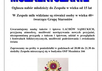 Zespół Regionalny Mszalniczanie ogłasza nabór młodzieży do zespołu w wieku od 15 lat.