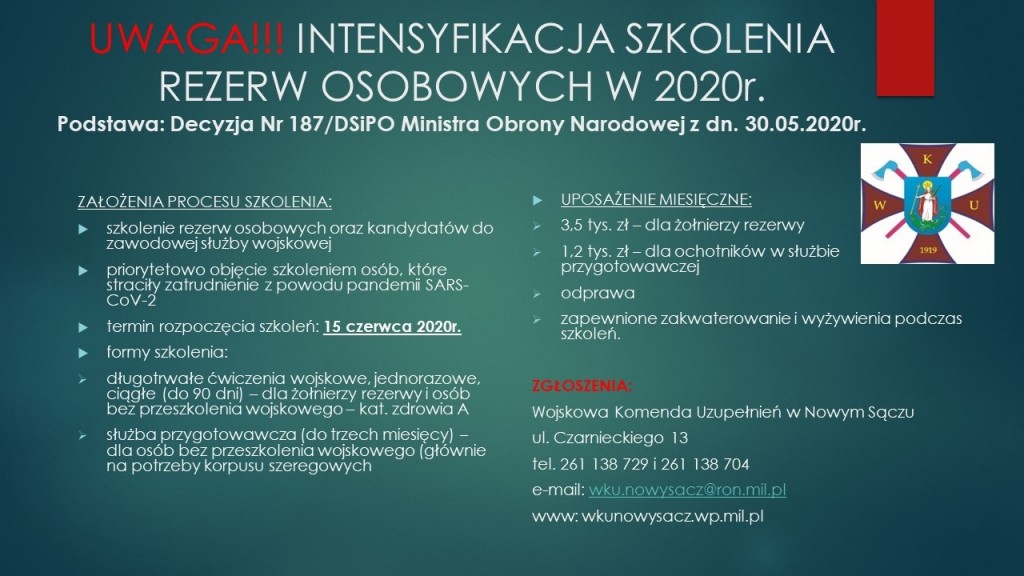 UWAGA!!! INTENSYFIKACJA SZKOLENIA REZERW OSOBOWYCH 2020