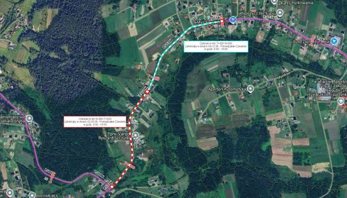Komunikat PZD o zamknięciu odcinka drogi powiatowej nr 1573 K Nowy Sącz–Cieniawa w miejscowości Mystków.